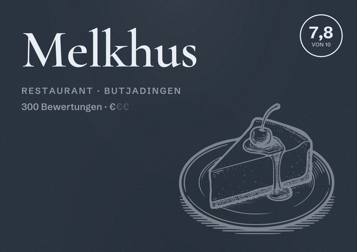Illustriertes Poster von Melkhus, Restaurant in Butjadingen: Bewertung 7,8 von 10 aus 300 Bewertungen, Preisniveau €
