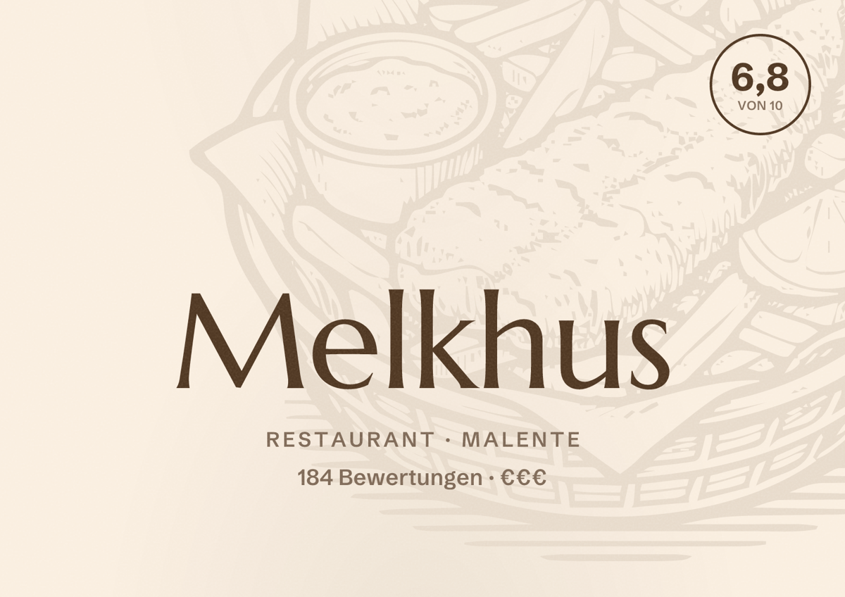 Illustriertes Poster von Melkhus, Restaurant in Malente: Bewertung 6,8 von 10 aus 184 Bewertungen, Preisniveau €€€