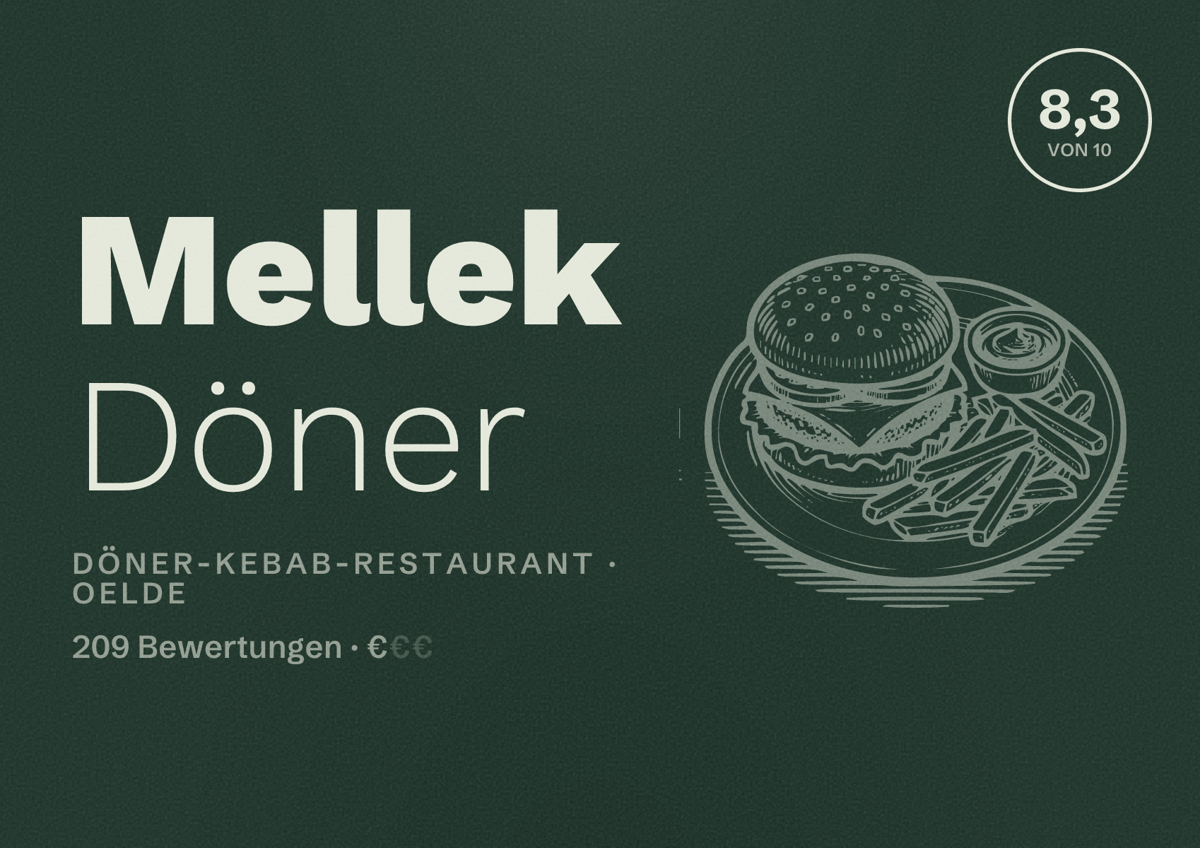 Illustriertes Poster von Mellek Döner, Döner-Kebab-Restaurant in Oelde: Bewertung 8,3 von 10 aus 209 Bewertungen, Preisniveau €