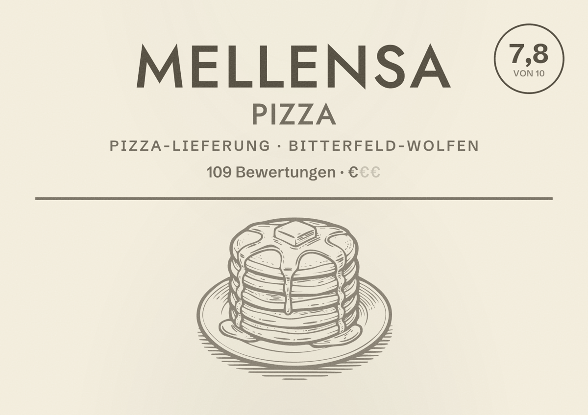 Illustriertes Poster von Mellensa Pizza, Pizza-Lieferung in Bitterfeld-Wolfen: Bewertung 7,8 von 10 aus 109 Bewertungen, Preisniveau €