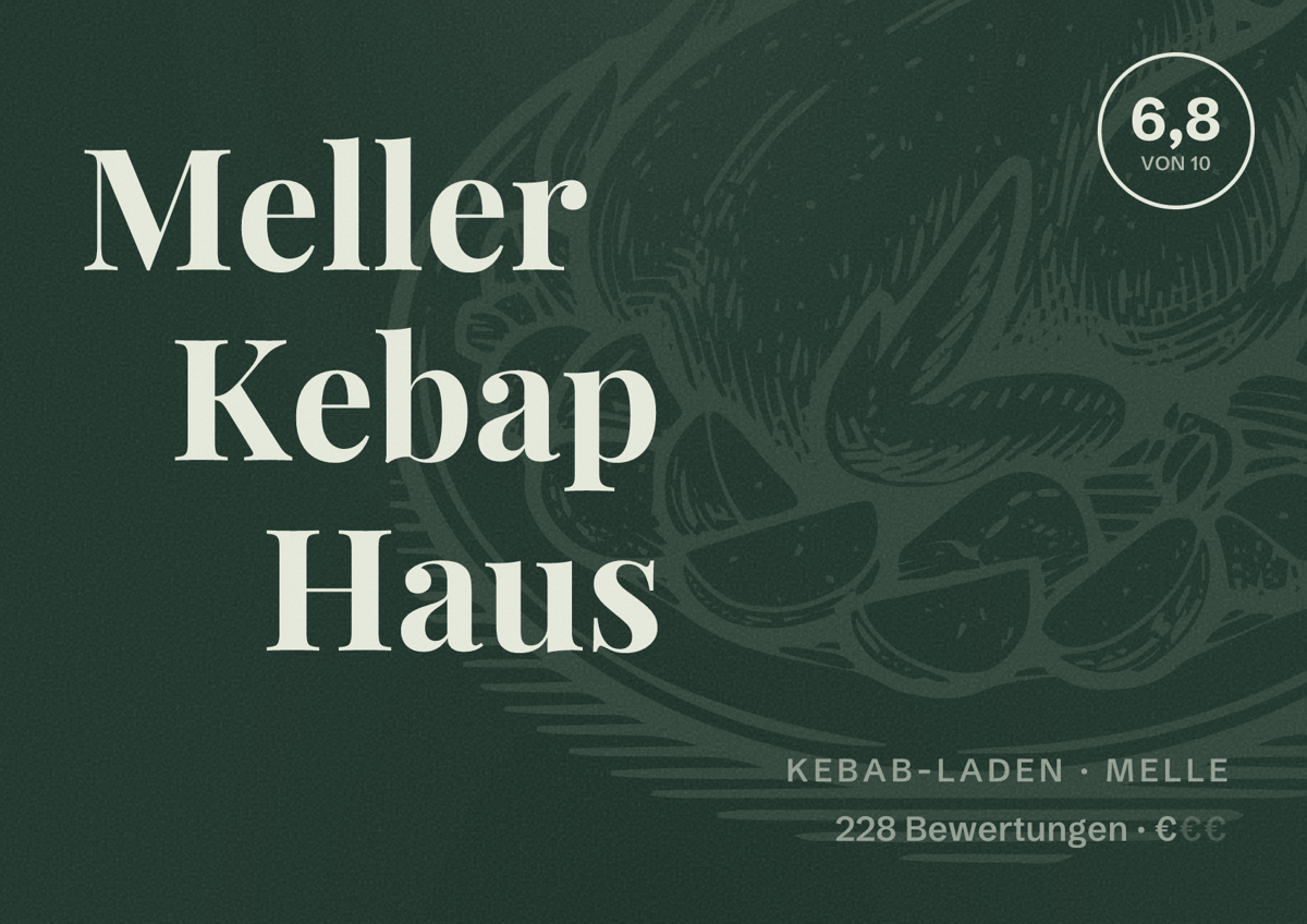 Illustriertes Poster von Meller Kebap Haus, Kebab-Laden in Melle: Bewertung 6,8 von 10 aus 228 Bewertungen, Preisniveau €