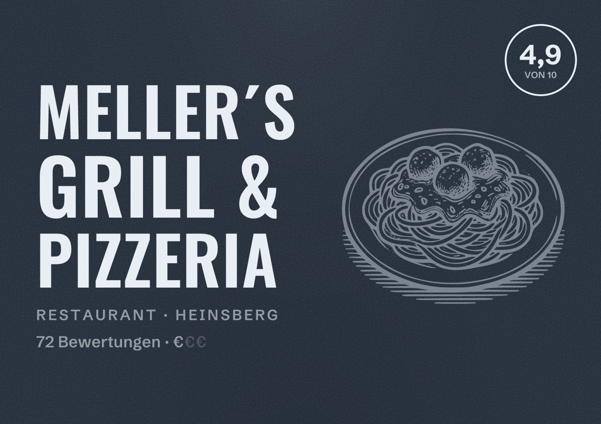 Illustriertes Poster von Meller´s Grill & Pizzeria, Restaurant in Heinsberg: Bewertung 4,9 von 10 aus 72 Bewertungen, Preisniveau €
