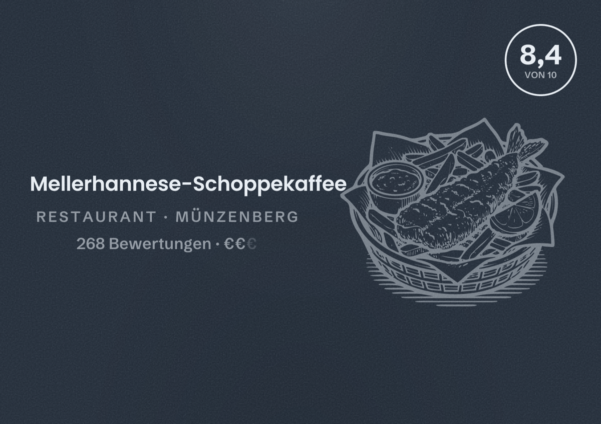 Illustriertes Poster von Mellerhannese-Schoppekaffee, Restaurant in Münzenberg: Bewertung 8,4 von 10 aus 268 Bewertungen, Preisniveau €€