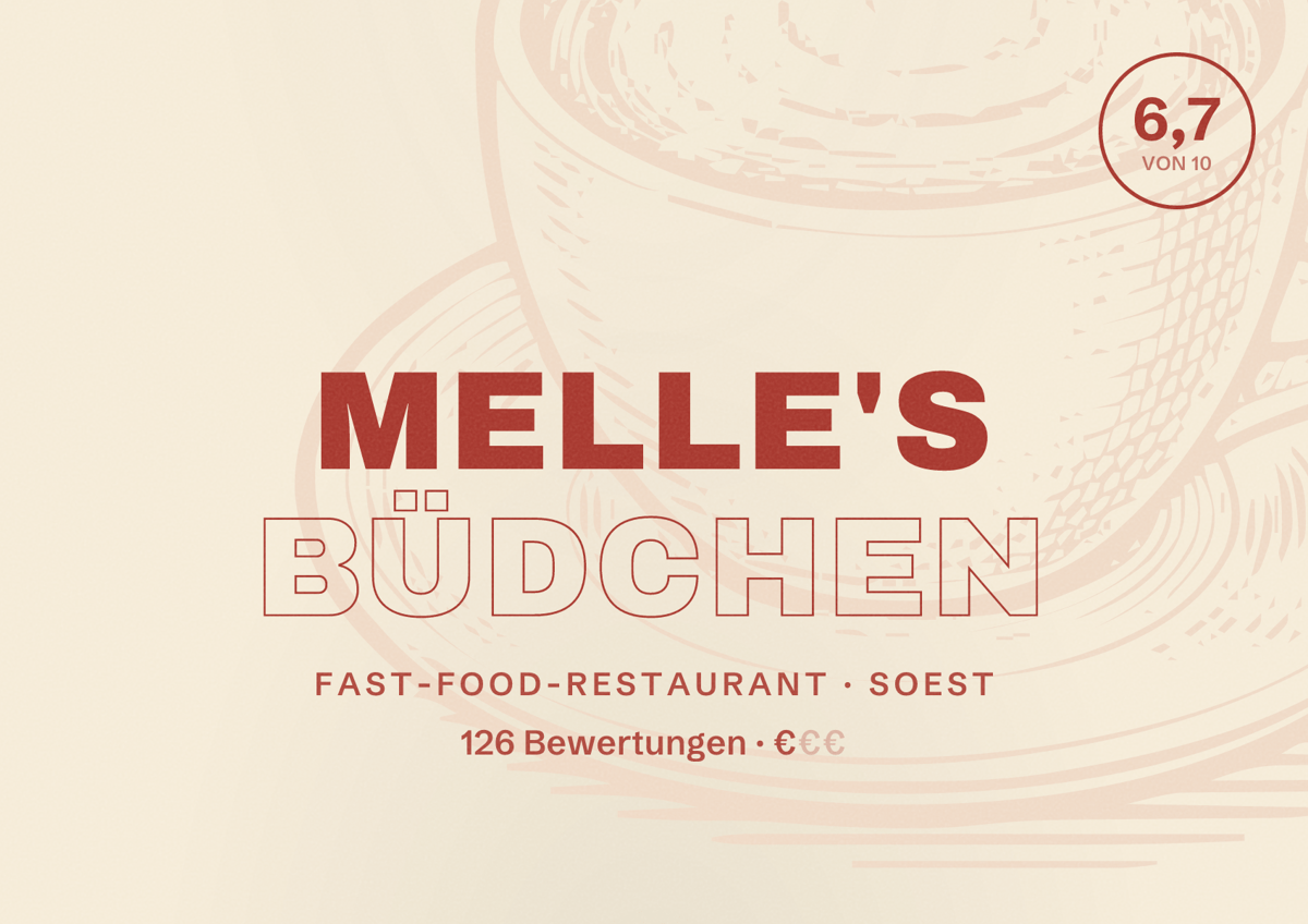 Illustriertes Poster von Melle's Büdchen, Fast-Food-Restaurant in Soest: Bewertung 6,7 von 10 aus 126 Bewertungen, Preisniveau €