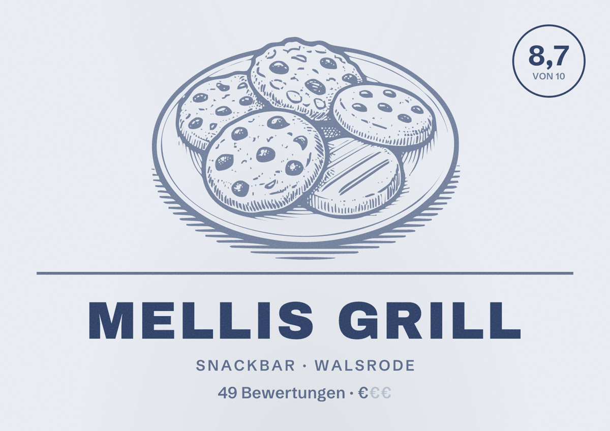 Illustriertes Poster von Mellis Grill, Snackbar in Walsrode: Bewertung 8,7 von 10 aus 49 Bewertungen, Preisniveau €