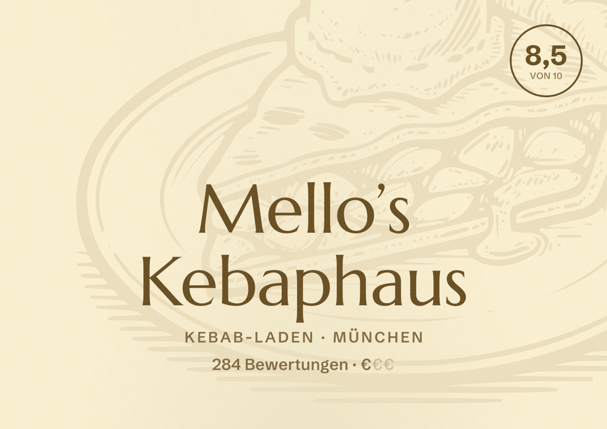 Illustriertes Poster von Mello’s Kebaphaus, Kebab-Laden in München: Bewertung 8,5 von 10 aus 284 Bewertungen, Preisniveau €