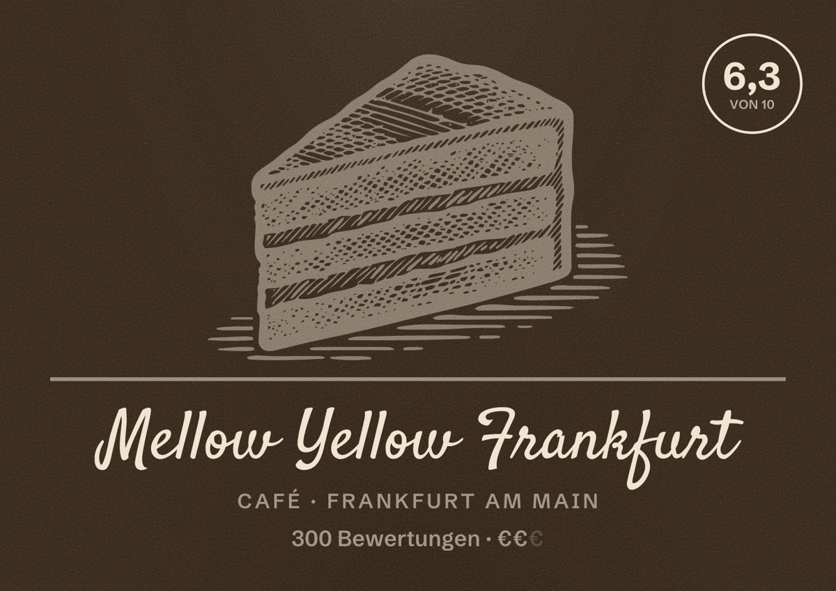Illustriertes Poster von Mellow Yellow Frankfurt, Café in Frankfurt am Main: Bewertung 6,3 von 10 aus 300 Bewertungen, Preisniveau €€