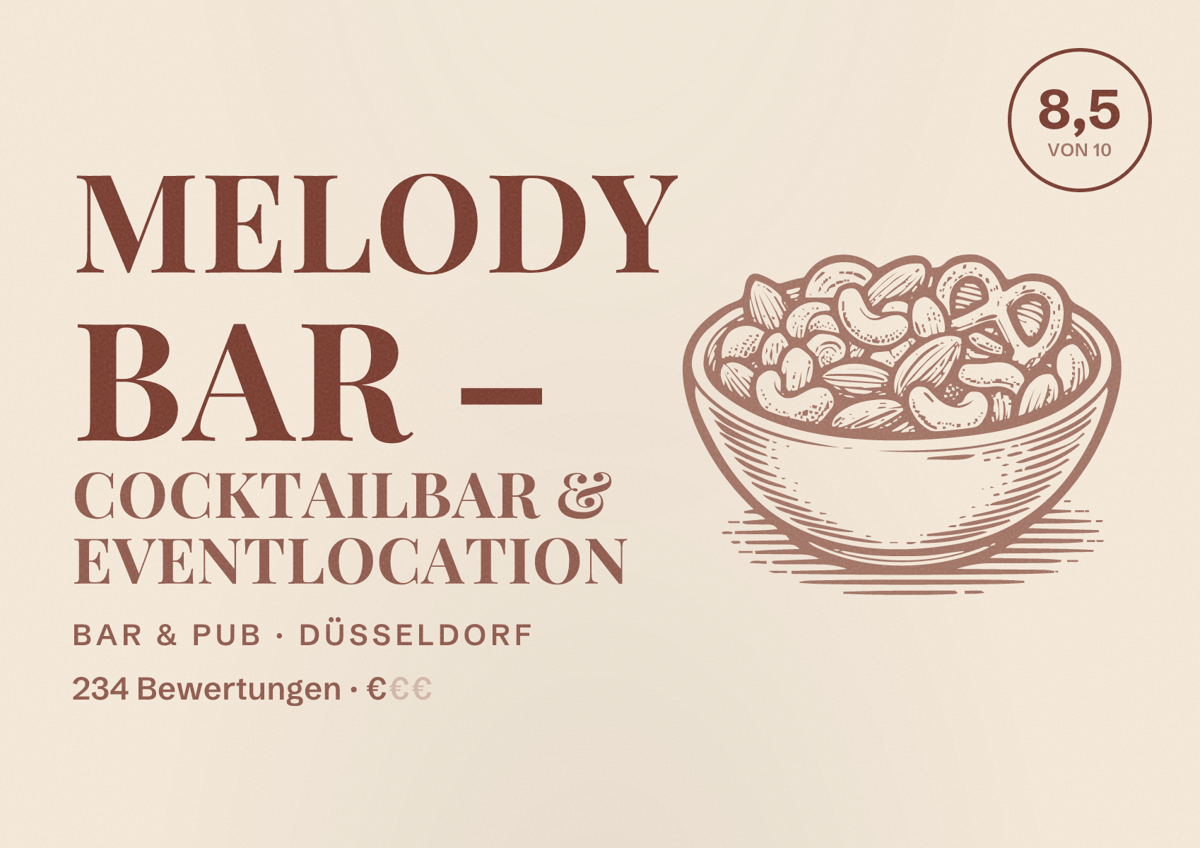 Illustriertes Poster von Melody Bar – Cocktailbar & Eventlocation, Bar & Pub in Düsseldorf: Bewertung 8,5 von 10 aus 234 Bewertungen, Preisniveau €