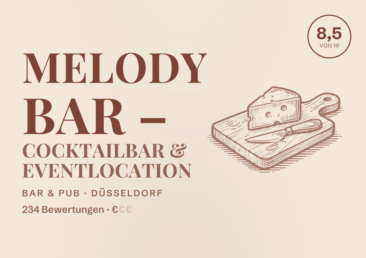 Illustriertes Poster von Melody Bar – Cocktailbar & Eventlocation, Bar & Pub in Düsseldorf: Bewertung 8,5 von 10 aus 234 Bewertungen, Preisniveau €