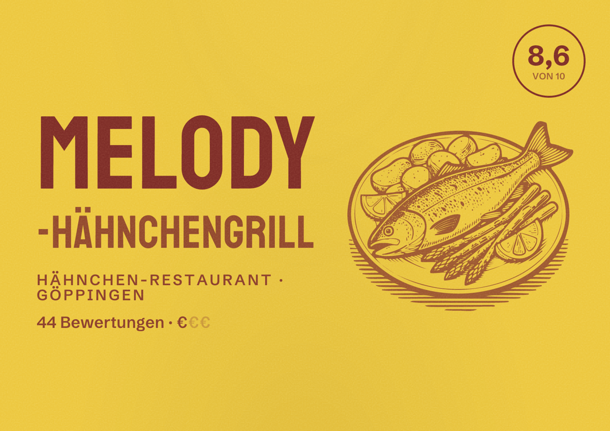 Illustriertes Poster von Melody -Hähnchengrill, Hähnchen-Restaurant in Göppingen: Bewertung 8,6 von 10 aus 44 Bewertungen, Preisniveau €