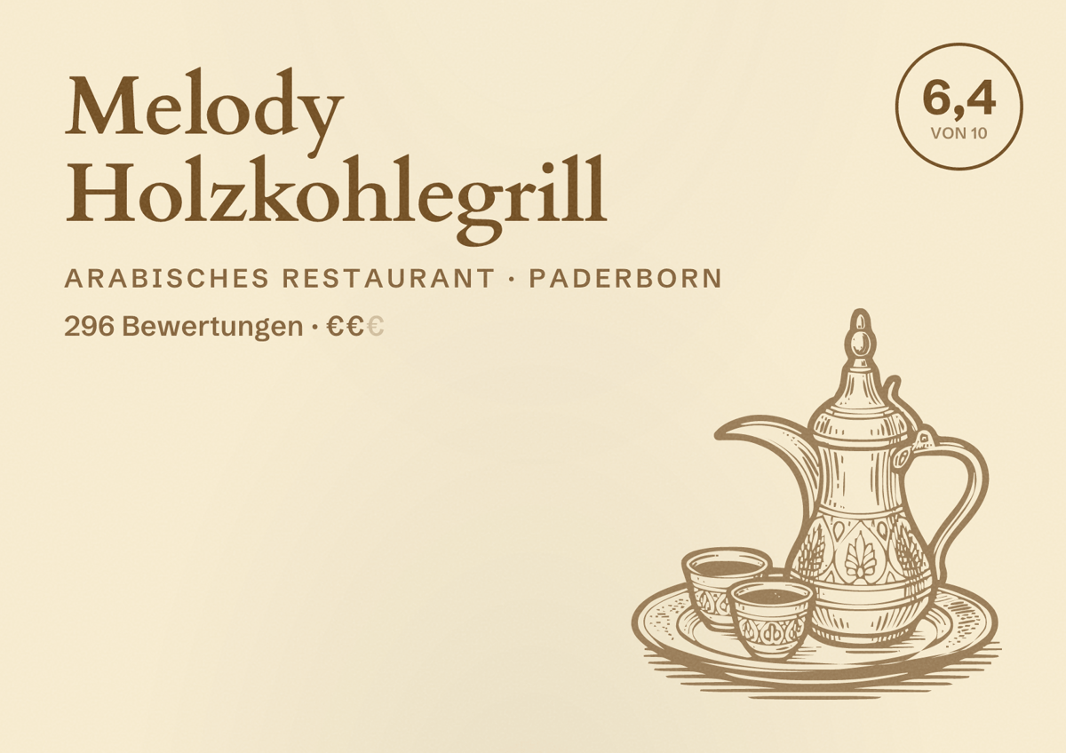 Illustriertes Poster von Melody Holzkohlegrill, Arabisches Restaurant in Paderborn: Bewertung 6,4 von 10 aus 296 Bewertungen, Preisniveau €€