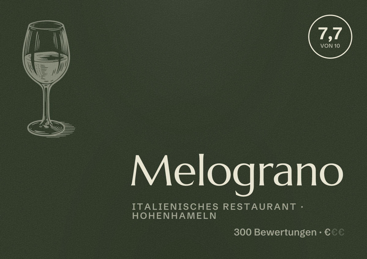 Illustriertes Poster von Melograno, Italienisches Restaurant in Hohenhameln: Bewertung 7,7 von 10 aus 300 Bewertungen, Preisniveau €