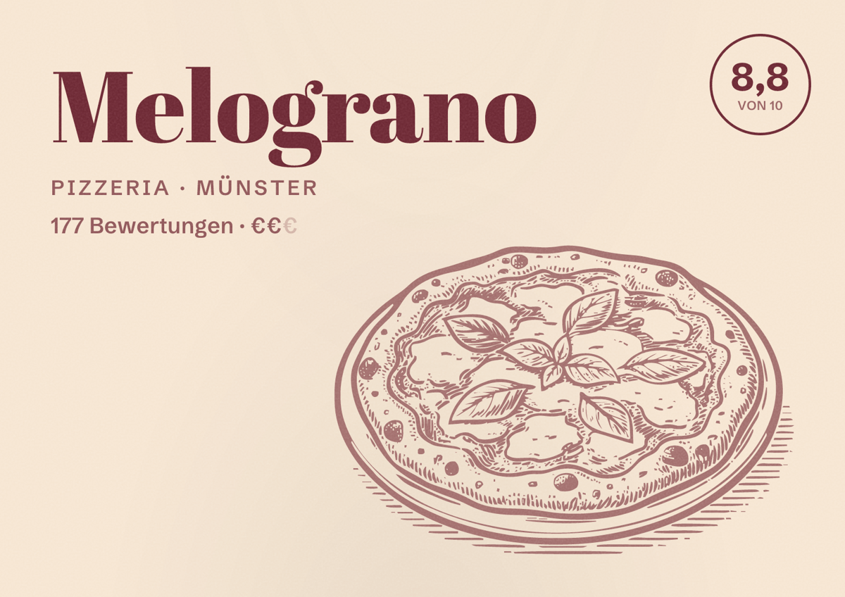 Illustriertes Poster von Melograno, Pizzeria in Münster: Bewertung 8,8 von 10 aus 177 Bewertungen, Preisniveau €€
