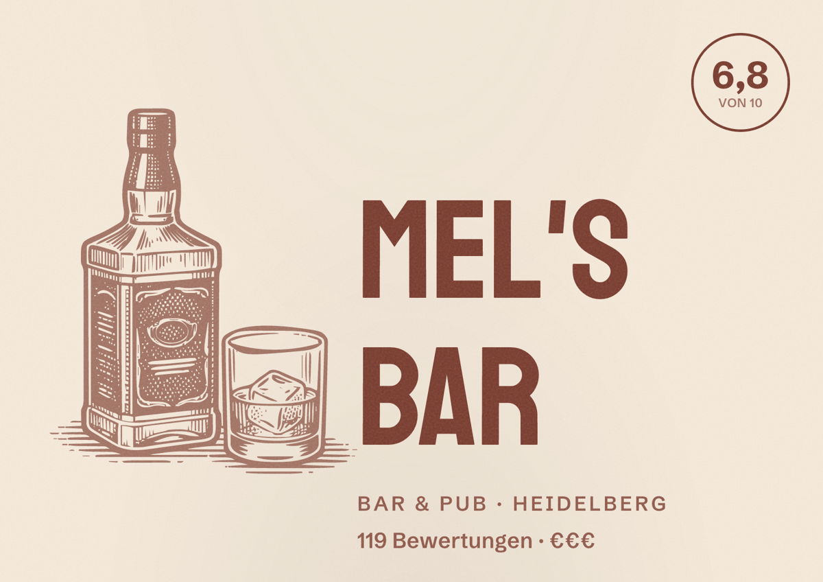 Illustriertes Poster von Mel's Bar, Bar & Pub in Heidelberg: Bewertung 6,8 von 10 aus 119 Bewertungen, Preisniveau €€€