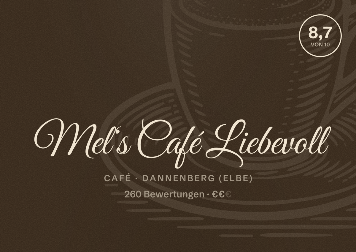 Illustriertes Poster von Mel‘s Café Liebevoll, Café in Dannenberg (Elbe): Bewertung 8,7 von 10 aus 260 Bewertungen, Preisniveau €€