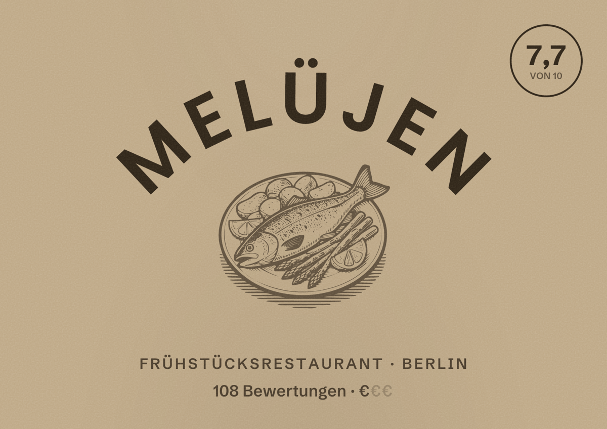 Illustriertes Poster von MELÜJEN, Frühstücksrestaurant in Berlin: Bewertung 7,7 von 10 aus 108 Bewertungen, Preisniveau €