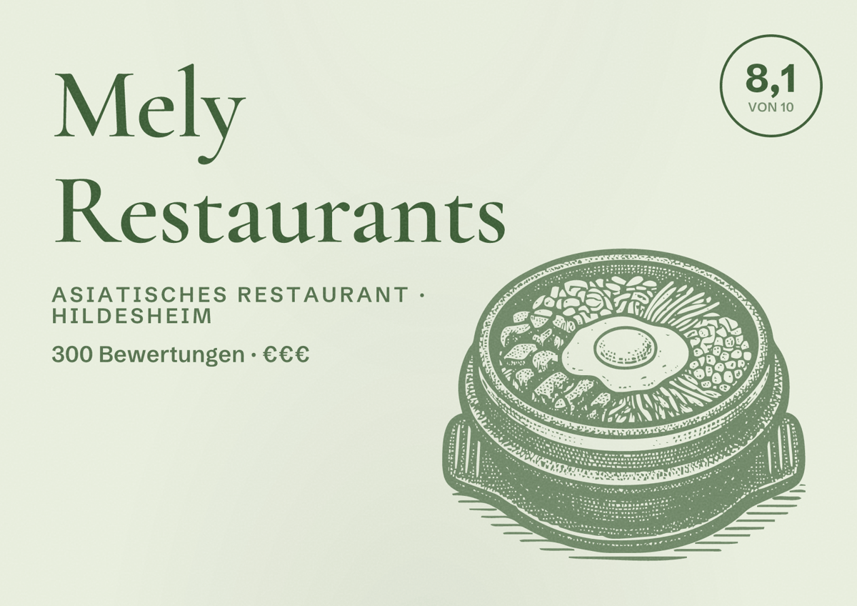Illustriertes Poster von Mely Restaurants, Asiatisches Restaurant in Hildesheim: Bewertung 8,1 von 10 aus 300 Bewertungen, Preisniveau €€€