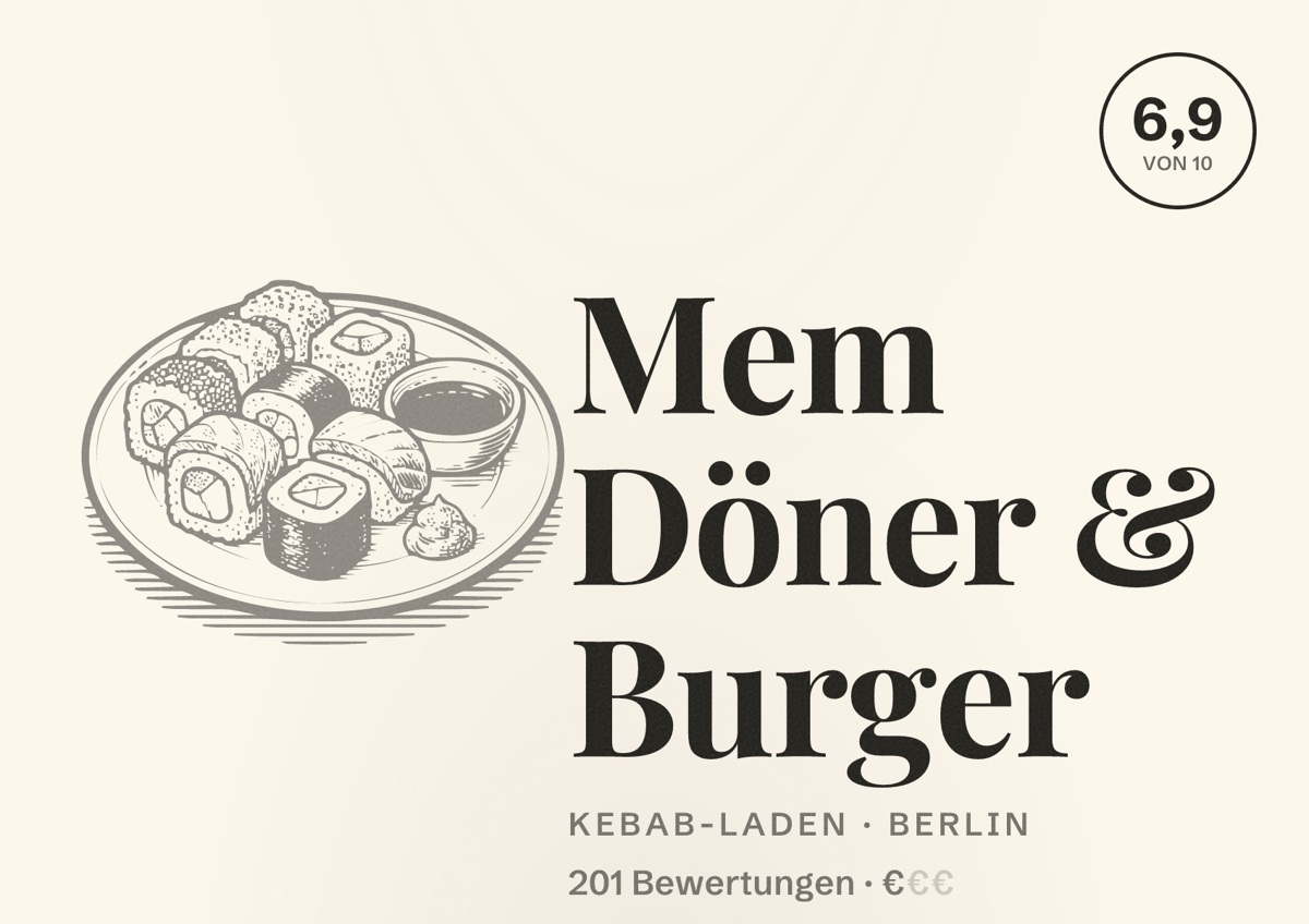 Illustriertes Poster von Mem Döner & Burger, Kebab-Laden in Berlin: Bewertung 6,9 von 10 aus 201 Bewertungen, Preisniveau €