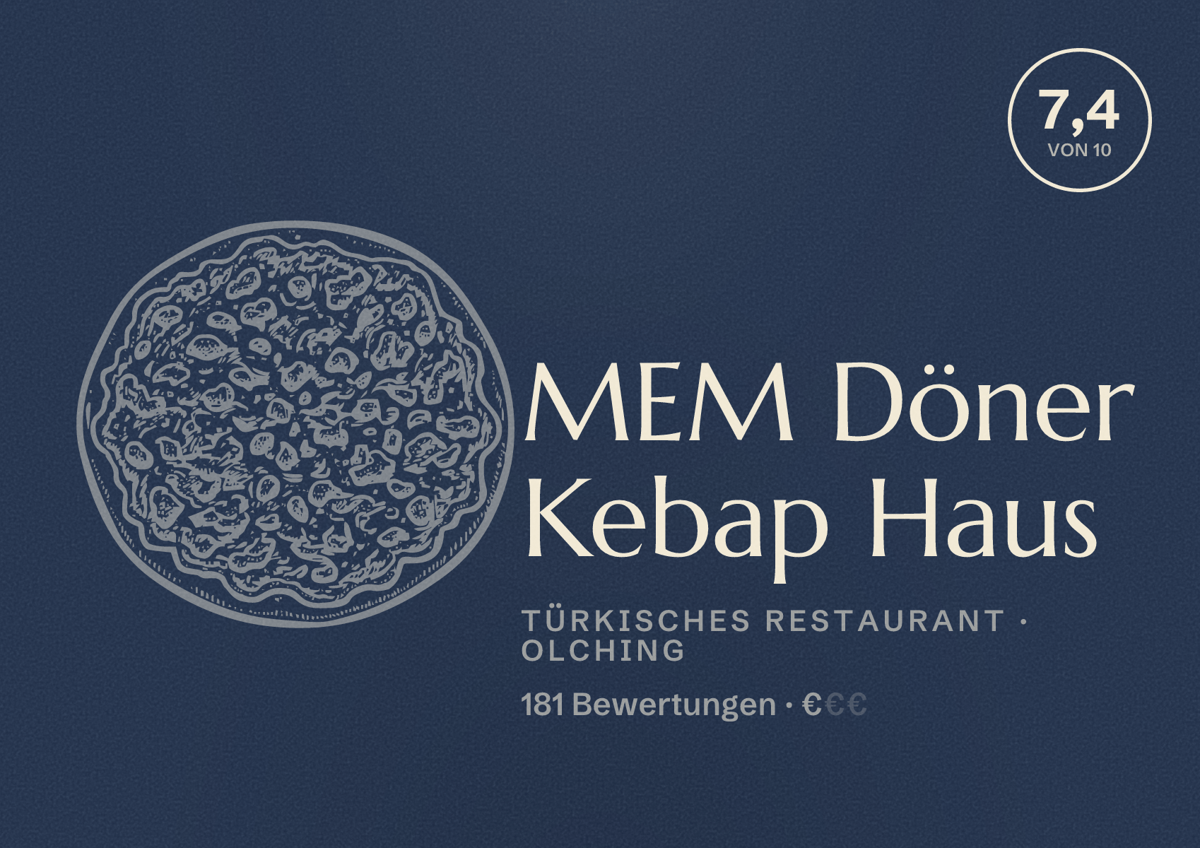 Illustriertes Poster von MEM Döner Kebap Haus, Türkisches Restaurant in Olching: Bewertung 7,4 von 10 aus 181 Bewertungen, Preisniveau €