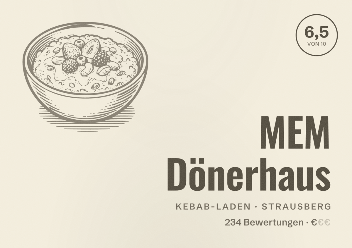 Illustriertes Poster von MEM Dönerhaus, Kebab-Laden in Strausberg: Bewertung 6,5 von 10 aus 234 Bewertungen, Preisniveau €