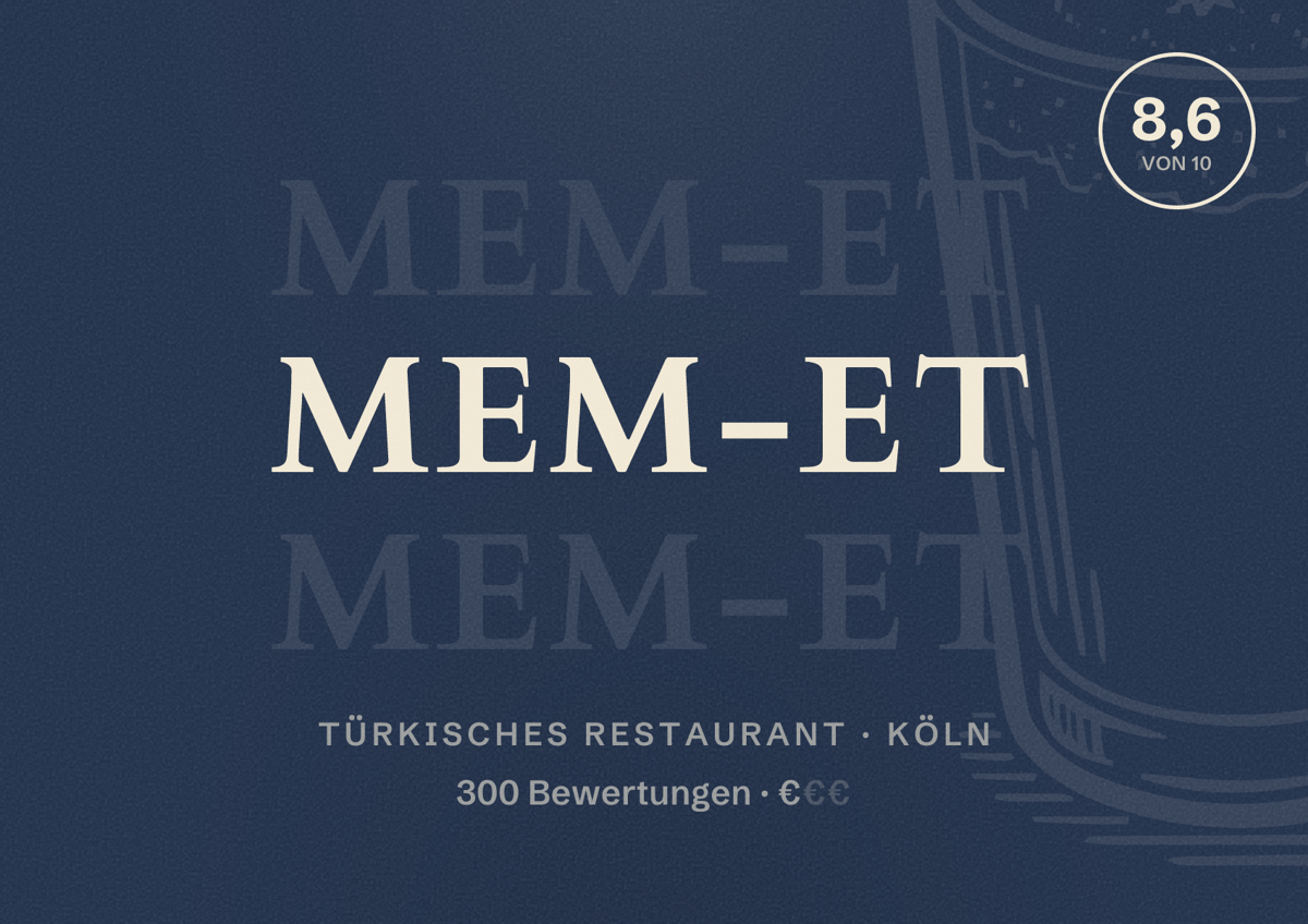 Illustriertes Poster von MEM-ET, Türkisches Restaurant in Köln: Bewertung 8,6 von 10 aus 300 Bewertungen, Preisniveau €