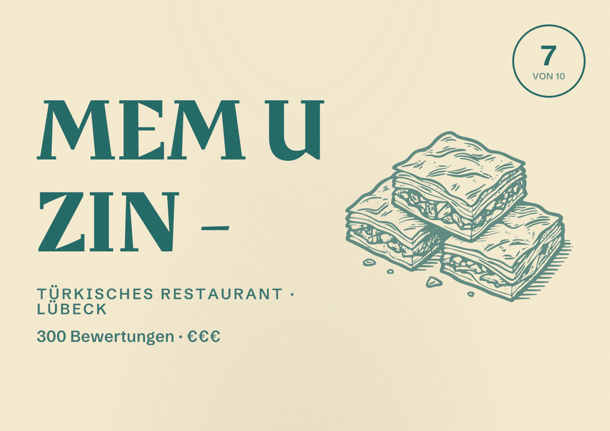 Illustriertes Poster von Mem U Zin -, Türkisches Restaurant in Lübeck: Bewertung 7 von 10 aus 300 Bewertungen, Preisniveau €€€
