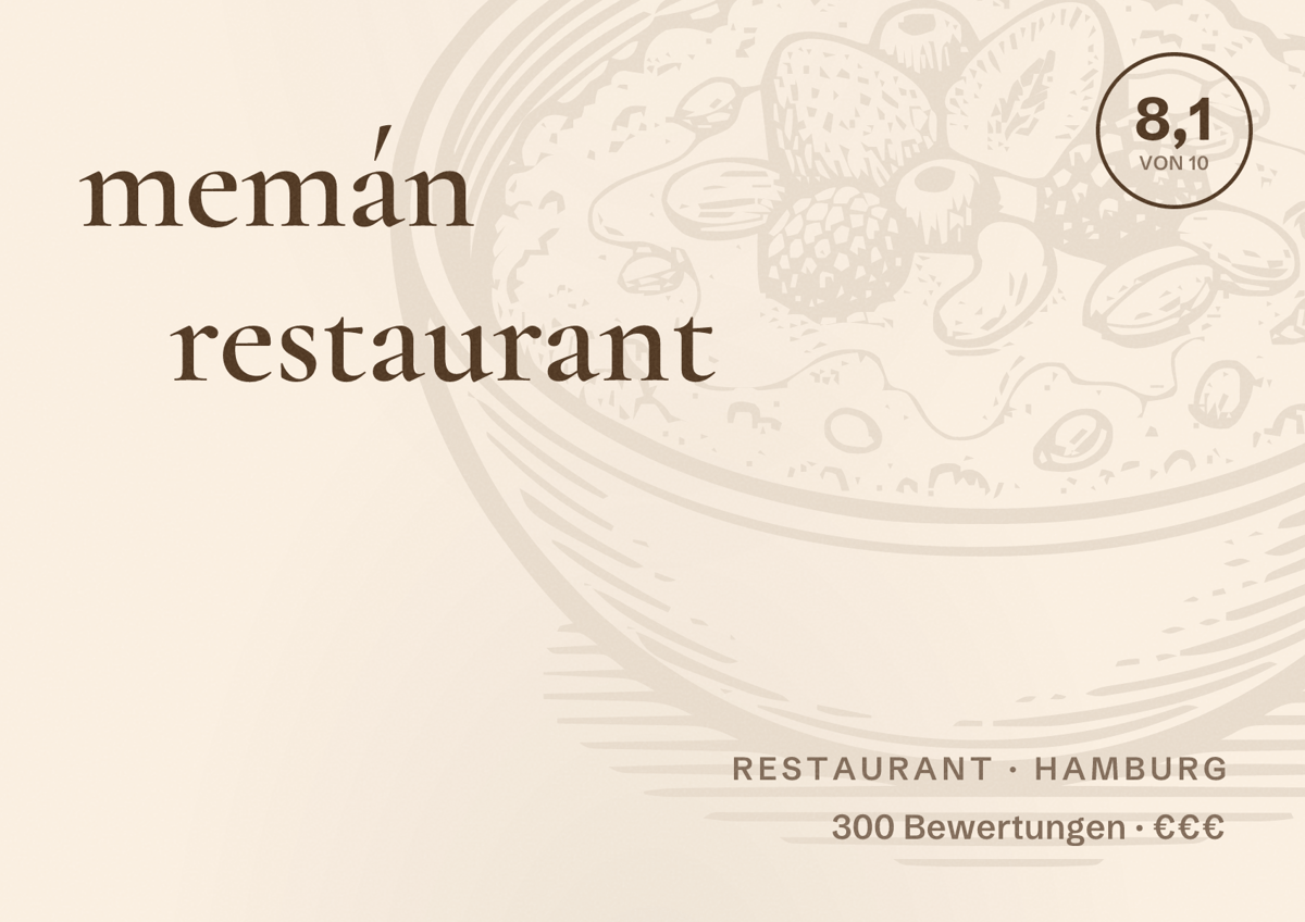 Illustriertes Poster von memán restaurant, Restaurant in Hamburg: Bewertung 8,1 von 10 aus 300 Bewertungen, Preisniveau €€€