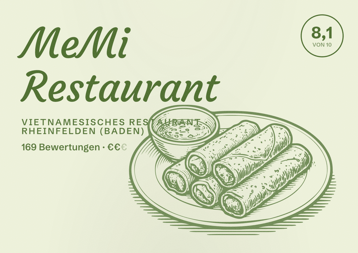 Illustriertes Poster von MeMi Restaurant, Vietnamesisches Restaurant in Rheinfelden (Baden): Bewertung 8,1 von 10 aus 169 Bewertungen, Preisniveau €€