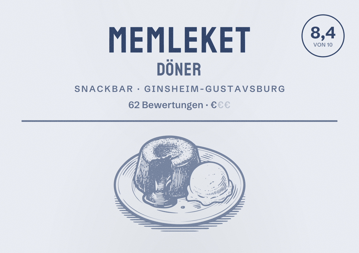 Illustriertes Poster von Memleket Döner, Snackbar in Ginsheim-Gustavsburg: Bewertung 8,4 von 10 aus 62 Bewertungen, Preisniveau €