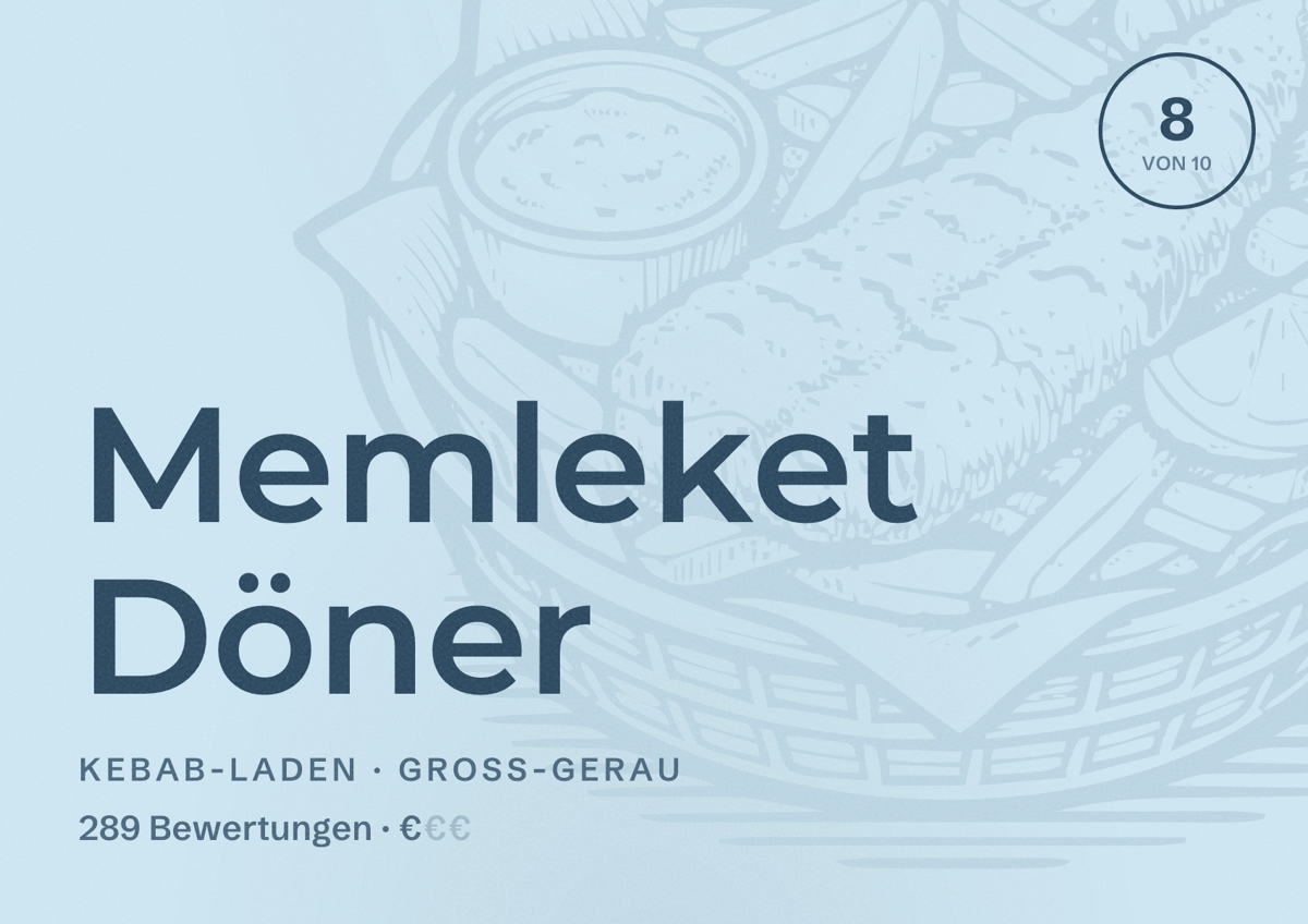 Illustriertes Poster von Memleket Döner, Kebab-Laden in Groß-Gerau: Bewertung 8 von 10 aus 289 Bewertungen, Preisniveau €