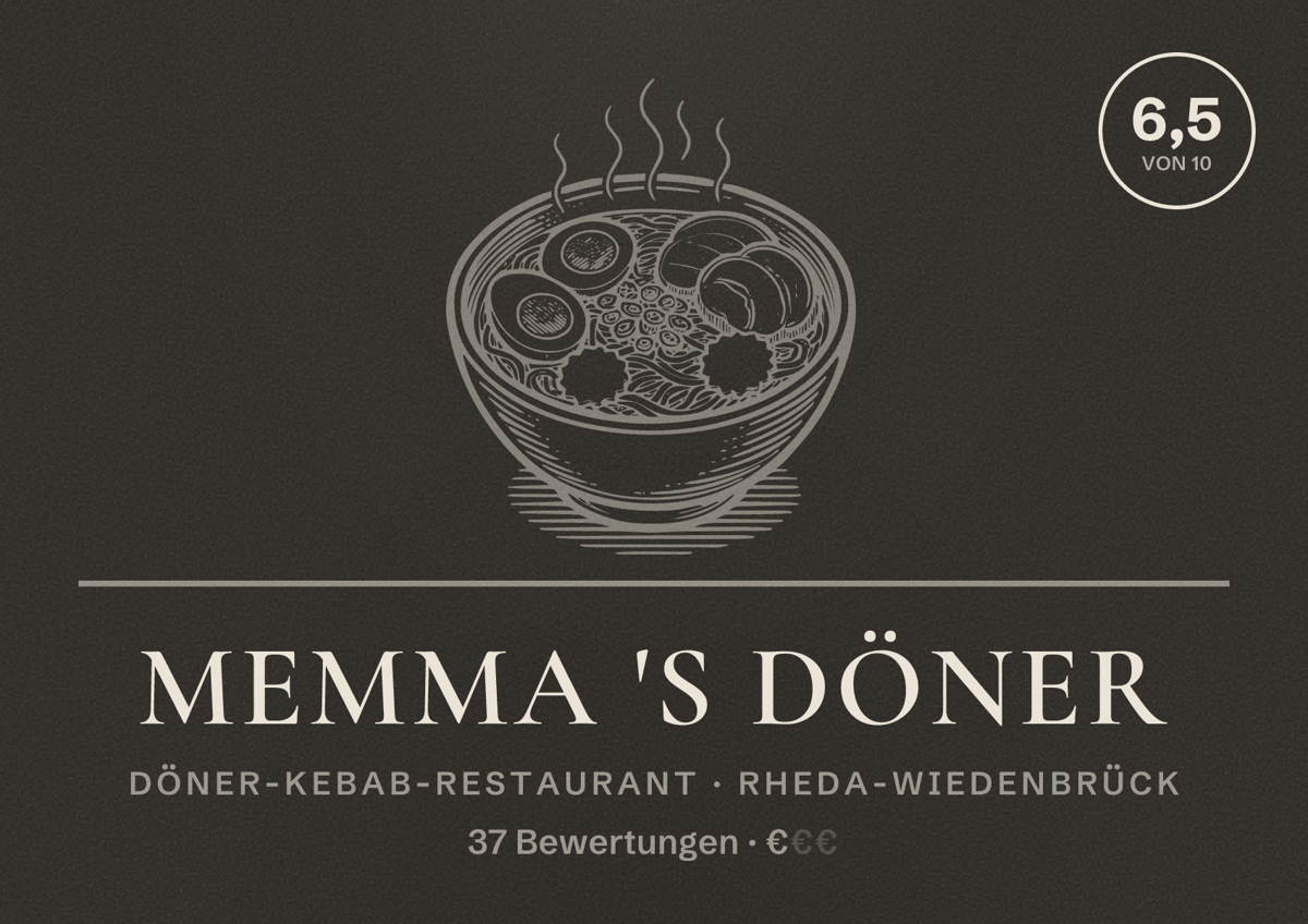 Illustriertes Poster von MEMMA 'S DÖNER, Döner-Kebab-Restaurant in Rheda-Wiedenbrück: Bewertung 6,5 von 10 aus 37 Bewertungen, Preisniveau €