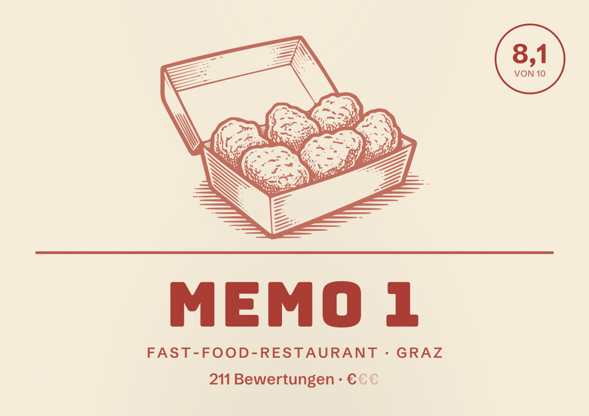 Illustriertes Poster von Memo 1, Fast-Food-Restaurant in Graz: Bewertung 8,1 von 10 aus 211 Bewertungen, Preisniveau €