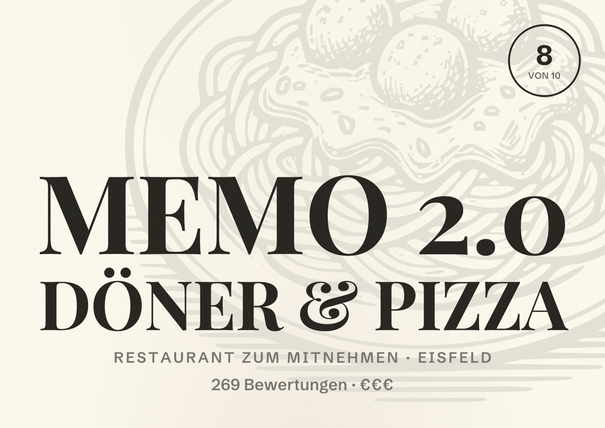 Illustriertes Poster von MEMO 2.0 DÖNER & PIZZA, Restaurant zum Mitnehmen in Eisfeld: Bewertung 8 von 10 aus 269 Bewertungen, Preisniveau €€€