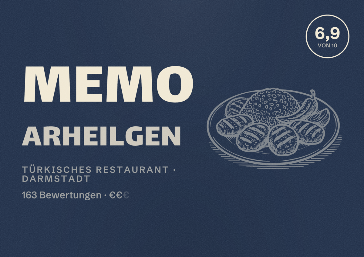 Illustriertes Poster von Memo Arheilgen, Türkisches Restaurant in Darmstadt: Bewertung 6,9 von 10 aus 163 Bewertungen, Preisniveau €€