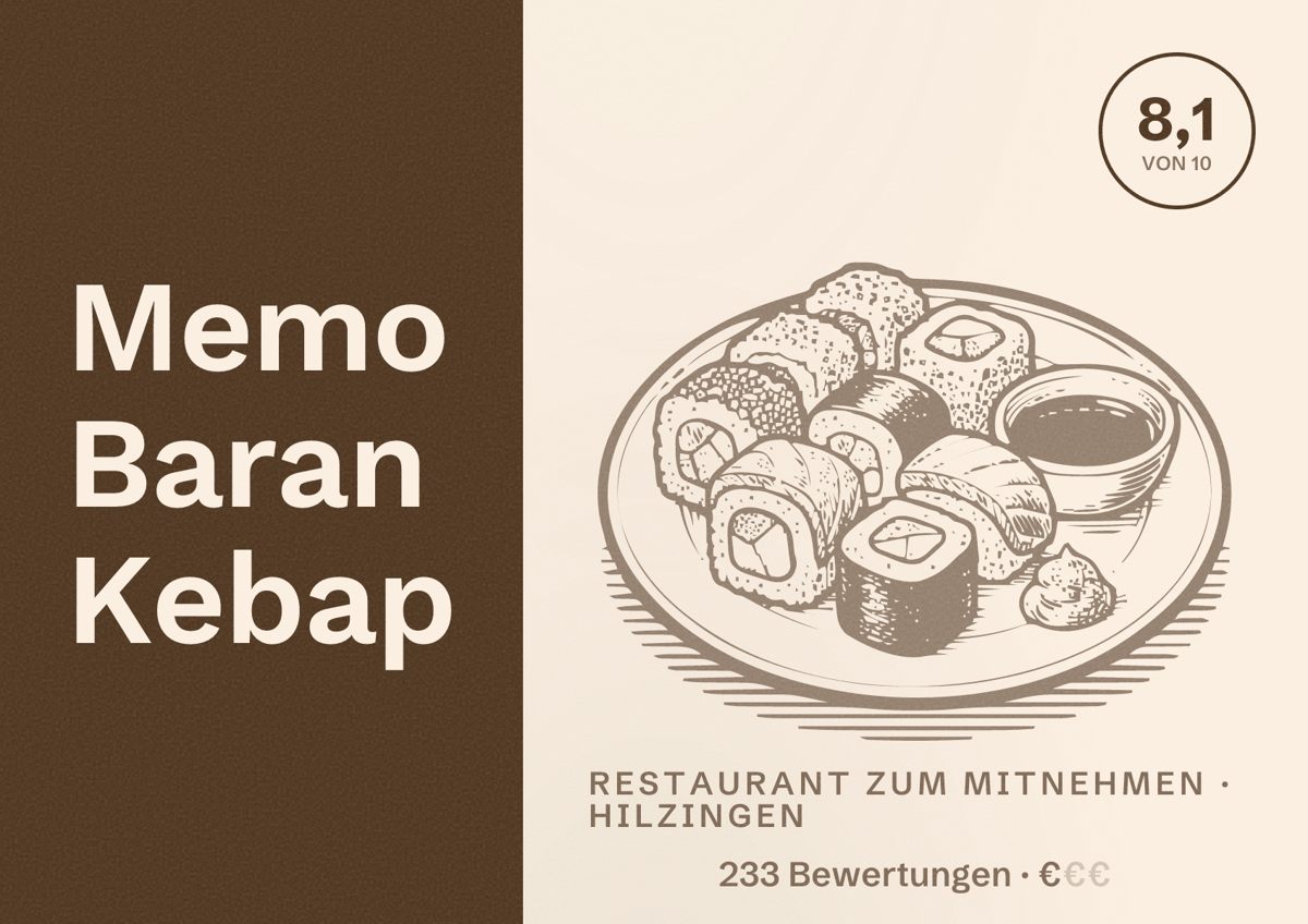 Illustriertes Poster von Memo Baran Kebap, Restaurant zum Mitnehmen in Hilzingen: Bewertung 8,1 von 10 aus 233 Bewertungen, Preisniveau €