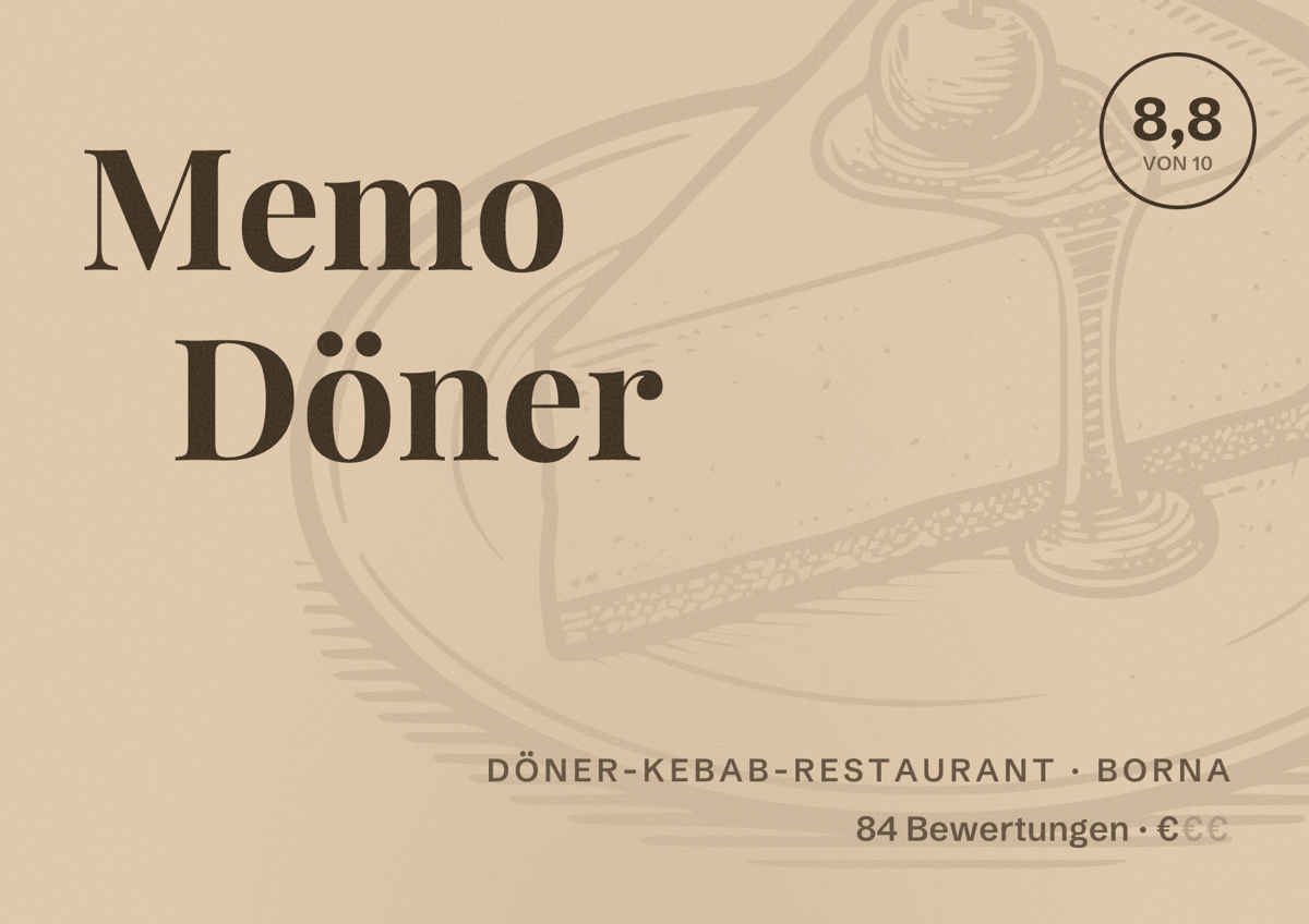 Illustriertes Poster von Memo Döner, Döner-Kebab-Restaurant in Borna: Bewertung 8,8 von 10 aus 84 Bewertungen, Preisniveau €