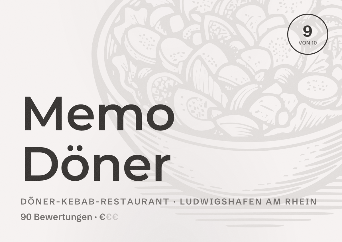 Illustriertes Poster von Memo Döner, Döner-Kebab-Restaurant in Ludwigshafen am Rhein: Bewertung 9 von 10 aus 90 Bewertungen, Preisniveau €