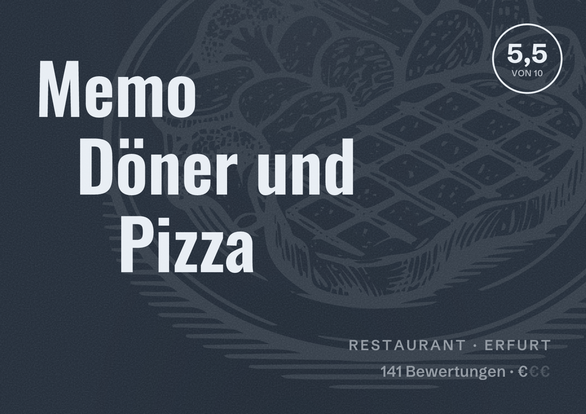 Illustriertes Poster von Memo Döner und Pizza, Restaurant in Erfurt: Bewertung 5,5 von 10 aus 141 Bewertungen, Preisniveau €