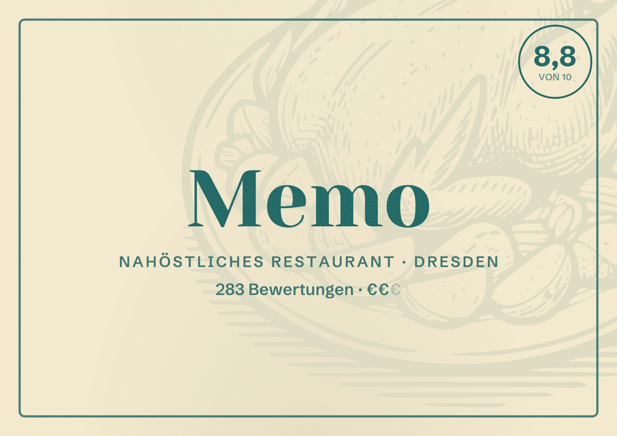 Illustriertes Poster von Memo, Nahöstliches Restaurant in Dresden: Bewertung 8,8 von 10 aus 283 Bewertungen, Preisniveau €€