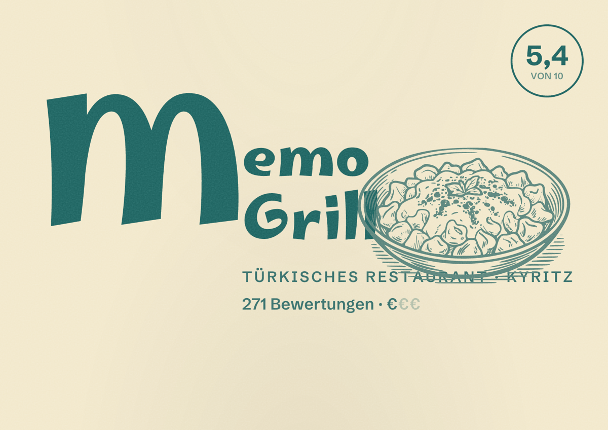 Illustriertes Poster von Memo Grill, Türkisches Restaurant in Kyritz: Bewertung 5,4 von 10 aus 271 Bewertungen, Preisniveau €