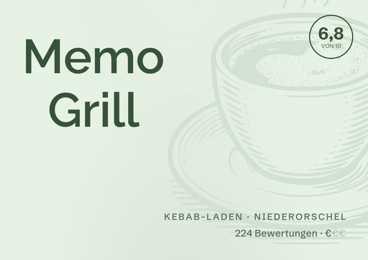 Illustriertes Poster von Memo Grill, Kebab-Laden in Niederorschel: Bewertung 6,8 von 10 aus 224 Bewertungen, Preisniveau €