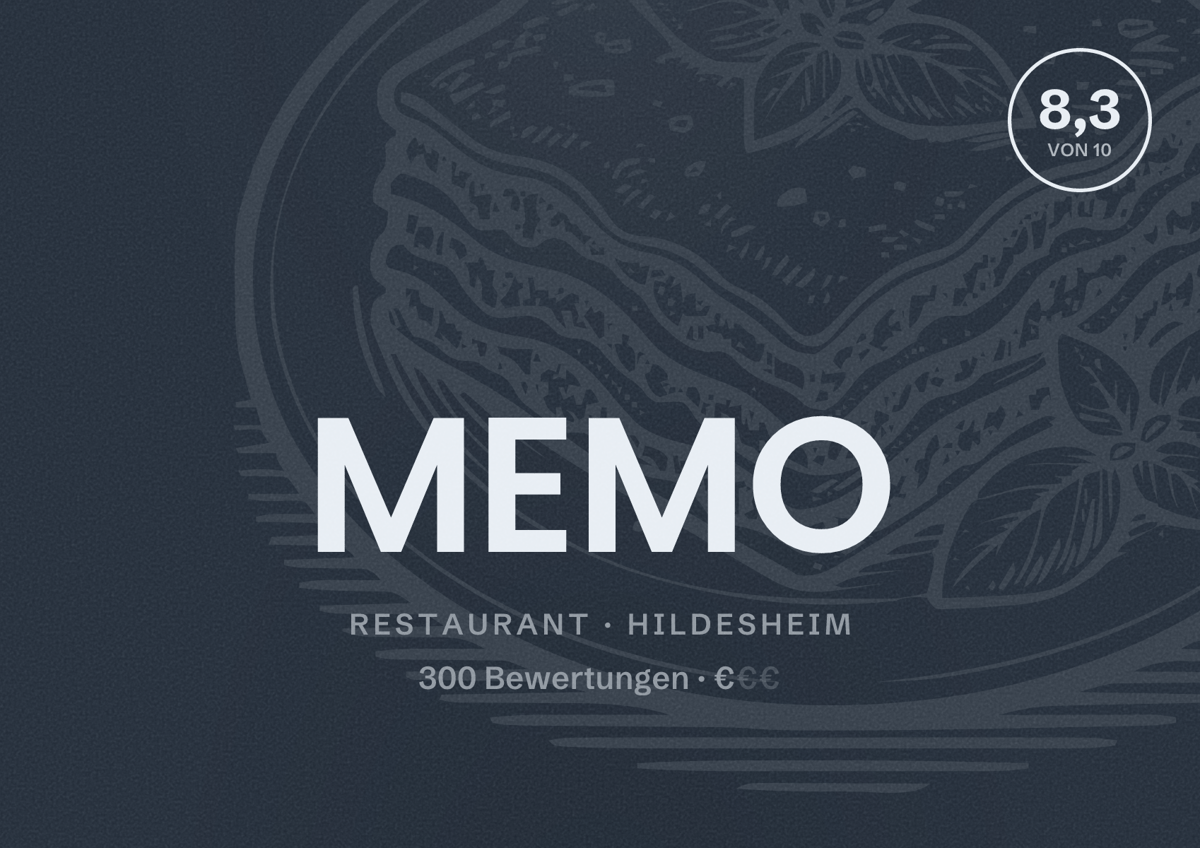 Illustriertes Poster von MEMO, Restaurant in Hildesheim: Bewertung 8,3 von 10 aus 300 Bewertungen, Preisniveau €