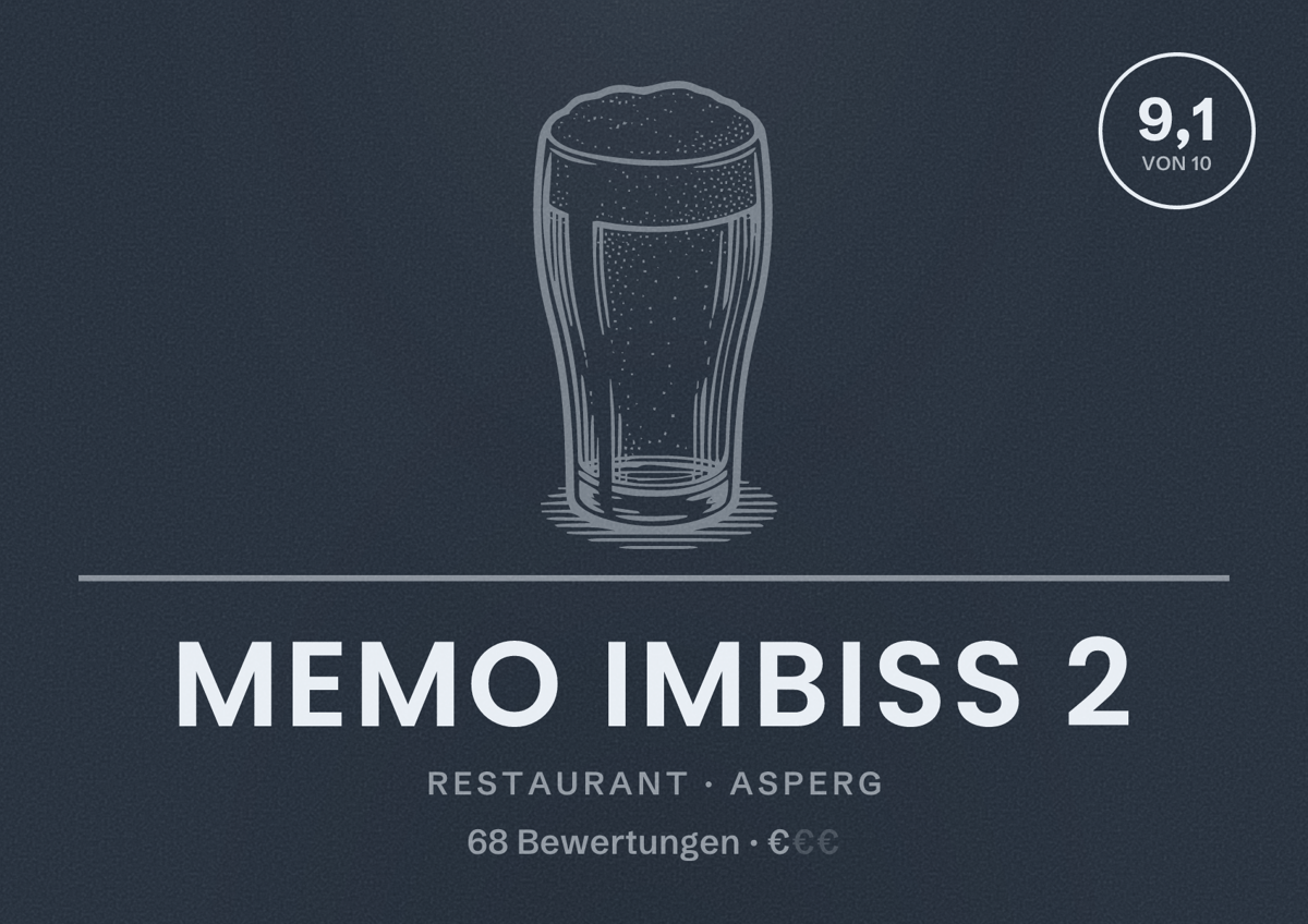Illustriertes Poster von Memo Imbiss 2, Restaurant in Asperg: Bewertung 9,1 von 10 aus 68 Bewertungen, Preisniveau €