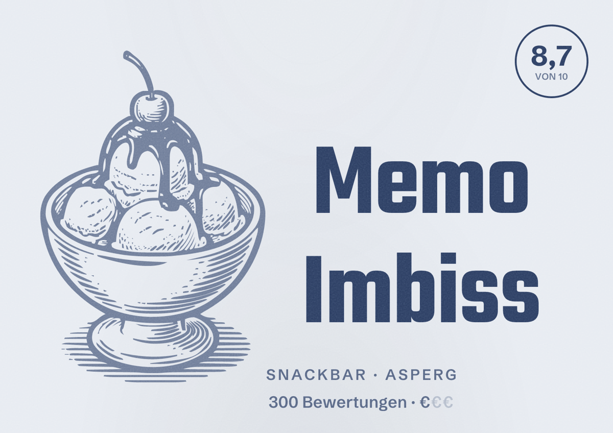 Illustriertes Poster von Memo Imbiss, Snackbar in Asperg: Bewertung 8,7 von 10 aus 300 Bewertungen, Preisniveau €