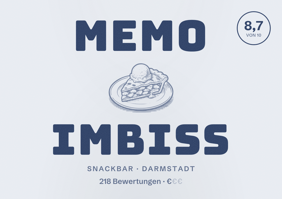 Illustriertes Poster von Memo Imbiss, Snackbar in Darmstadt: Bewertung 8,7 von 10 aus 218 Bewertungen, Preisniveau €