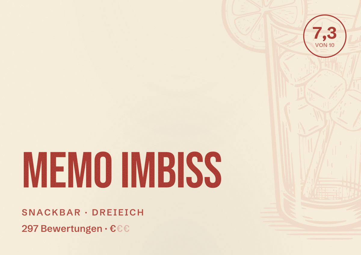 Illustriertes Poster von Memo Imbiss, Snackbar in Dreieich: Bewertung 7,3 von 10 aus 297 Bewertungen, Preisniveau €