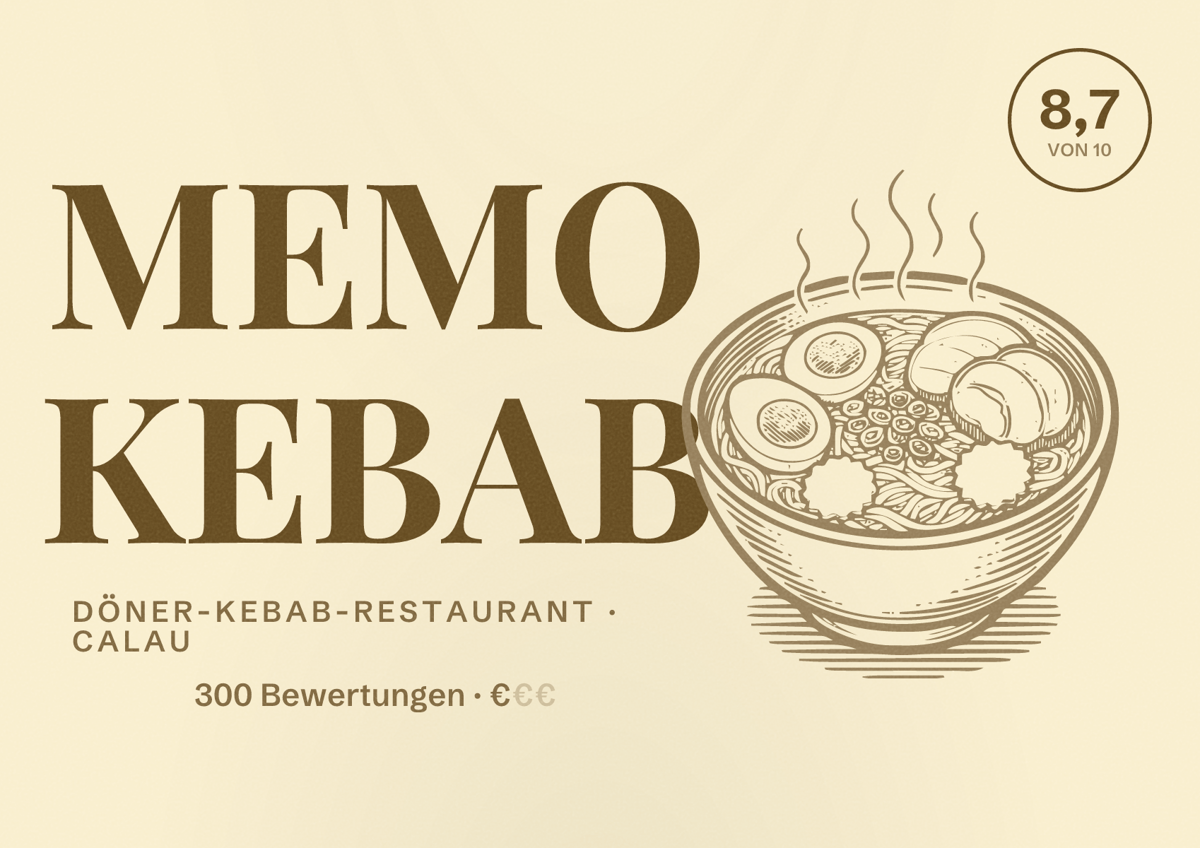 Illustriertes Poster von MEMO KEBAB, Döner-Kebab-Restaurant in Calau: Bewertung 8,7 von 10 aus 300 Bewertungen, Preisniveau €