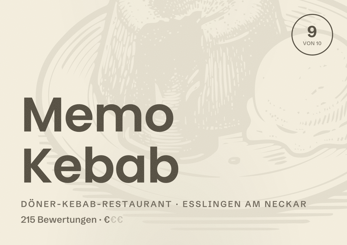 Illustriertes Poster von Memo Kebab, Döner-Kebab-Restaurant in Esslingen am Neckar: Bewertung 9 von 10 aus 215 Bewertungen, Preisniveau €