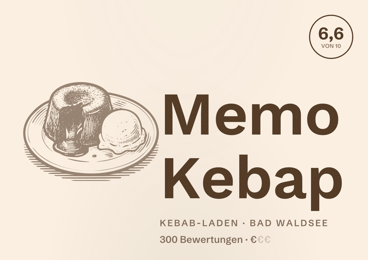 Illustriertes Poster von Memo Kebap, Kebab-Laden in Bad Waldsee: Bewertung 6,6 von 10 aus 300 Bewertungen, Preisniveau €