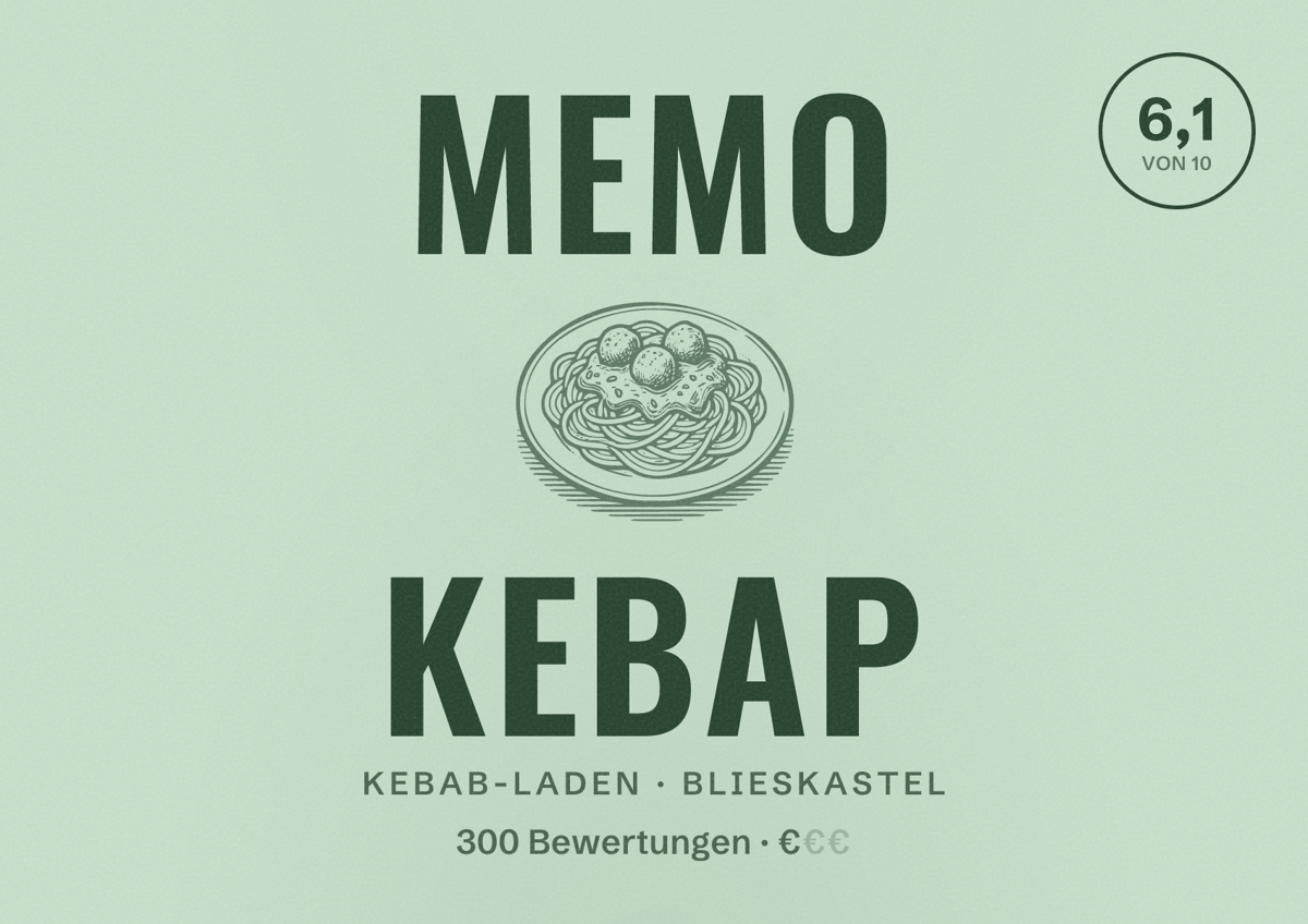 Illustriertes Poster von Memo Kebap, Kebab-Laden in Blieskastel: Bewertung 6,1 von 10 aus 300 Bewertungen, Preisniveau €